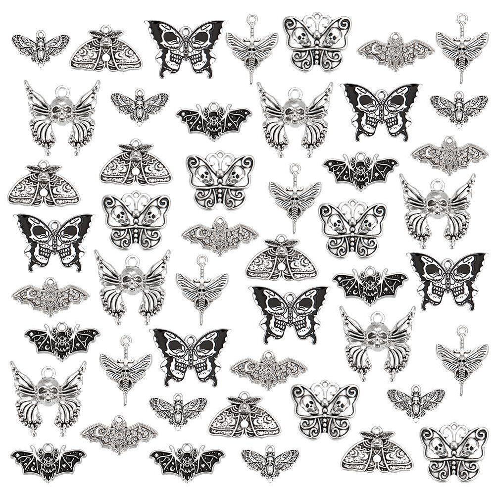 3275 48pcs Gothic Moth Charms Halloween Skull Skeleton Head Charms, 8